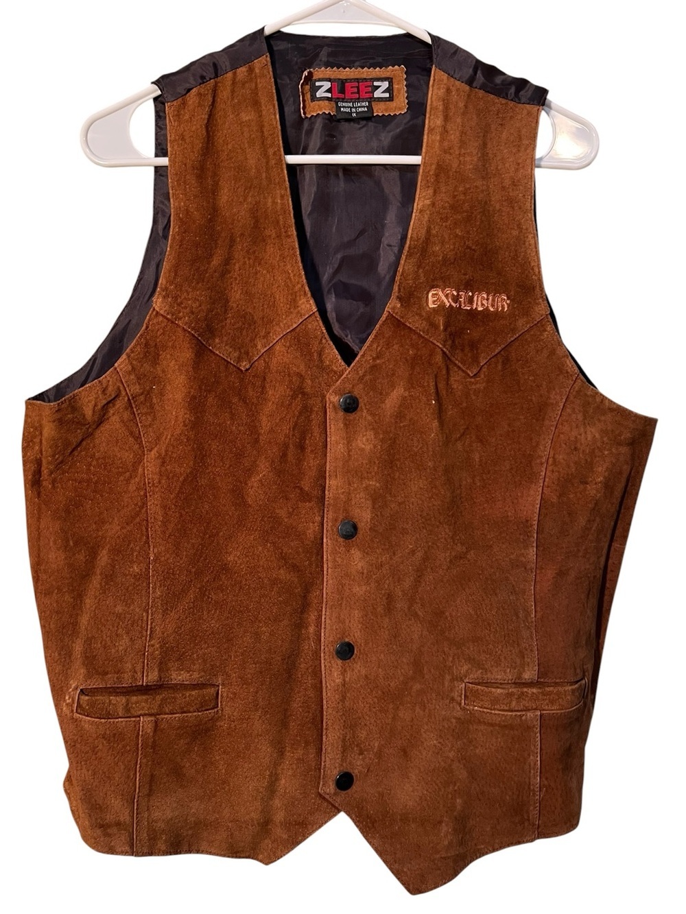 ZLEEZ Men's Size 1X Genuine‎ Leather Suede Vest Snap Front Tan Brown Excalibur